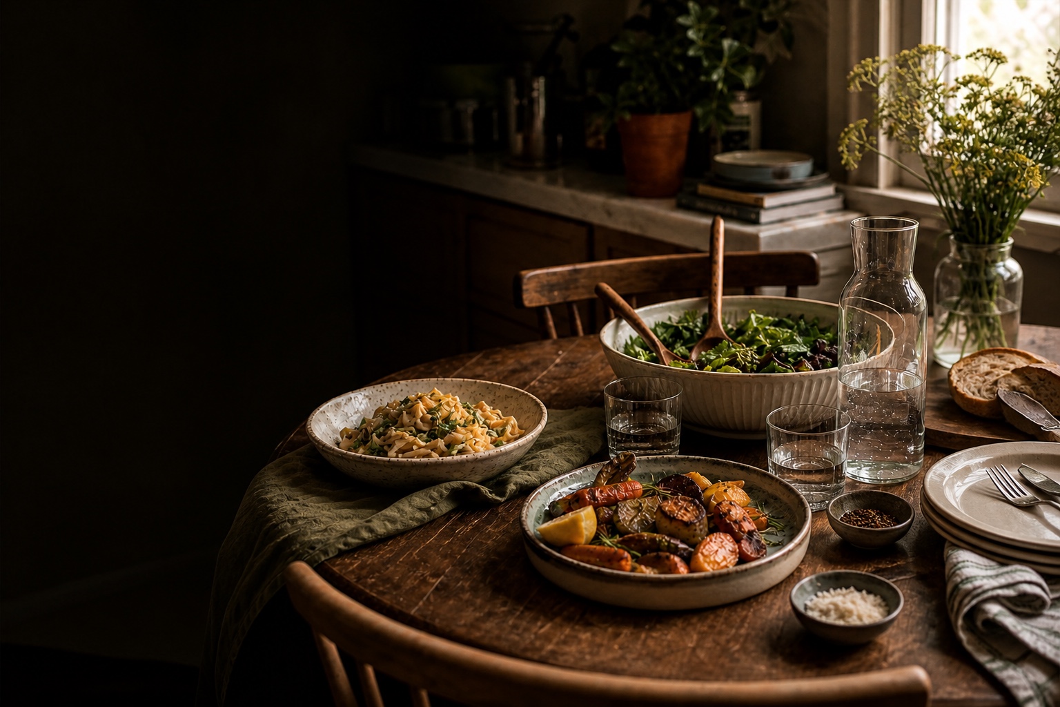 A family-style dinner spread with pasta, salad, and roasted vegetables